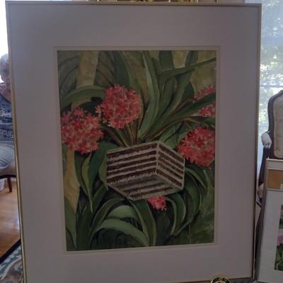 Sale Photo Thumbnail #1402: 'Jungle Basket' Original Framed Watercolor by Nationally Recognized Artist Susan Anderson (#23).  Item is framed under plexiglass.