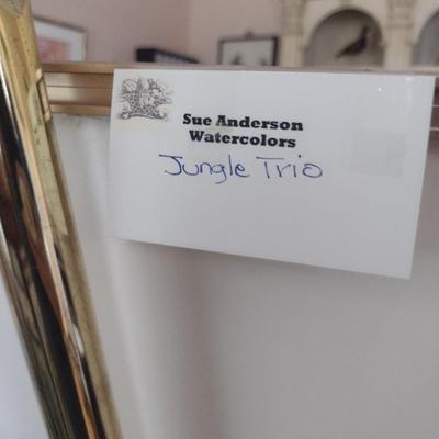 Sale Photo Thumbnail #1411: 'Jungle Trio' Original Framed Watercolor by Nationally Recognized Artist Susan Anderson (#24).  Item is framed under plexiglass.