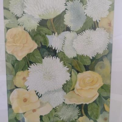 Sale Photo Thumbnail #1416: 'Mums & Roses' Original Framed Watercolor by Nationally Recognized Artist Susan Anderson (#25).  Item is framed under plexiglass.