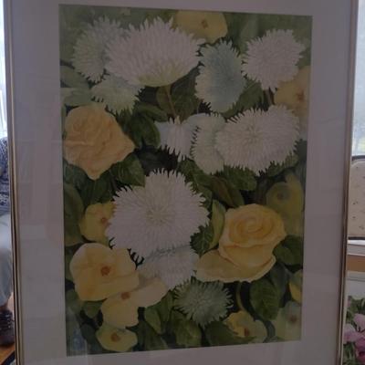 Sale Photo Thumbnail #1415: 'Mums & Roses' Original Framed Watercolor by Nationally Recognized Artist Susan Anderson (#25).  Item is framed under plexiglass.