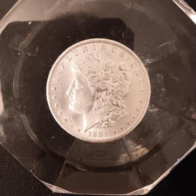 .999 SILVER AMERICAN WILDLIFE COIN AND 1885 MORGAN SILVER DOLLAR ENCASED IN A PLASTIC DIAMOND SHAPE
