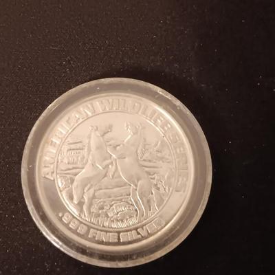 .999 SILVER AMERICAN WILDLIFE COIN AND 1885 MORGAN SILVER DOLLAR ENCASED IN A PLASTIC DIAMOND SHAPE