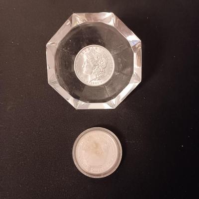 .999 SILVER AMERICAN WILDLIFE COIN AND 1885 MORGAN SILVER DOLLAR ENCASED IN A PLASTIC DIAMOND SHAPE