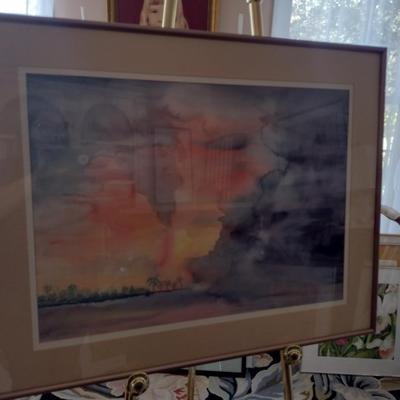 Sale Photo Thumbnail #1443: 'Approaching Storm' Original Framed Watercolor by Nationally Recognized Artist Susan Anderson (#28).  Item is framed under plexiglass.