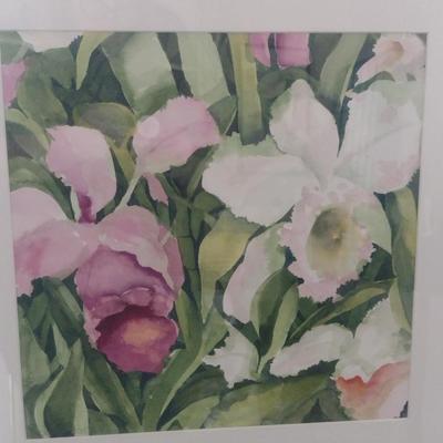 Sale Photo Thumbnail #1470: 'Orchid Duo' Framed Print by Nationally Recognized Artist Susan Anderson (#31).  Item is framed under plexiglass.