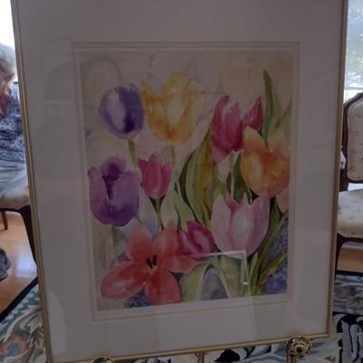 Sale Photo Thumbnail #1484: 'Tulip Print' Framed Print by Nationally Recognized Artist Susan Anderson (#33).  Item is framed under plexiglass.