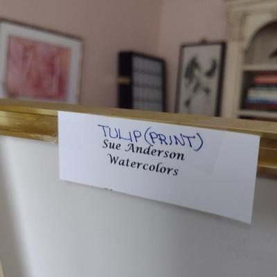 Sale Photo Thumbnail #1487: 'Tulip Print' Framed Print by Nationally Recognized Artist Susan Anderson (#33).  Item is framed under plexiglass.