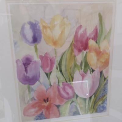 Sale Photo Thumbnail #1485: 'Tulip Print' Framed Print by Nationally Recognized Artist Susan Anderson (#33).  Item is framed under plexiglass.