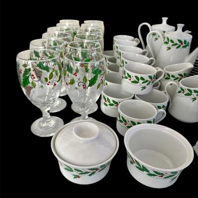 Lot 7: Shibata China Set and Holiday Holly & Berry Design Goblets