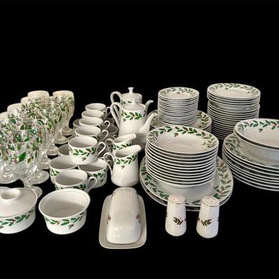 Lot 7: Shibata China Set and Holiday Holly & Berry Design Goblets
