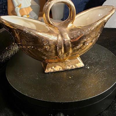 Vintage Savoy China Weeping Gold Divided Planter — Hand-Decorated 24K Drip Glaze & Mid-Century American Artistry