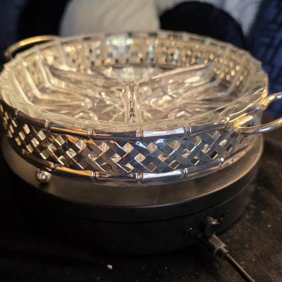 Mid-Century Modern Divided Relish Dish with Silver Carrier — Vintage Glass Serveware & Retro Elegance