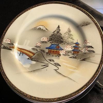 Vintage Ritz China Hand-Painted Mount Fuji Porcelain Plates (4) — Japanese Landscape Art & Gold-Trim Collectible