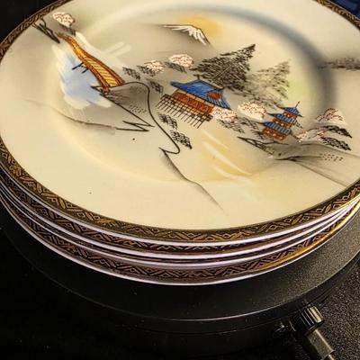Vintage Ritz China Hand-Painted Mount Fuji Porcelain Plates (4) — Japanese Landscape Art & Gold-Trim Collectible