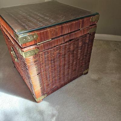 Wicker Chinoiserie Style Storage Chest w/Glass Top