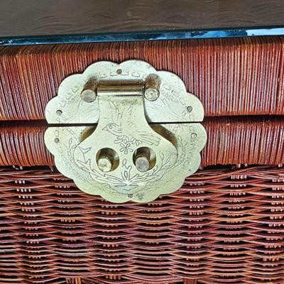 Wicker Chinoiserie Style Storage Chest w/Glass Top