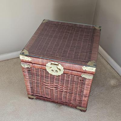 Wicker Chinoiserie Style Storage Chest w/Glass Top