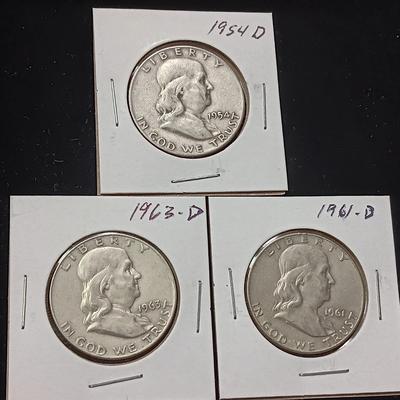 3 FRANKLIN SILVER HALF DOLLARS