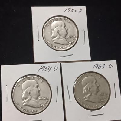 3 FRANKLIN SILVER HALF DOLLARS