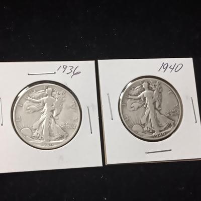 2 WALKING LIBERTY SILVER HALF DOLLARS