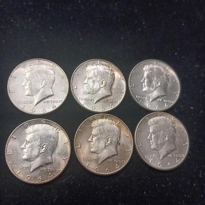 SIX 1964 SILVER KENNEDY HALF DOLLARS
