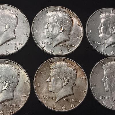 SIX 1964 SILVER KENNEDY HALF DOLLARS