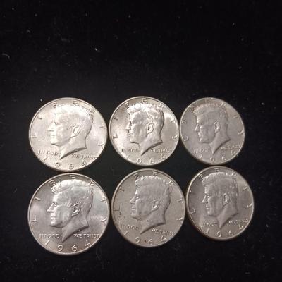 SIX 1964 KENNEDY SILVER HALF DOLLARS