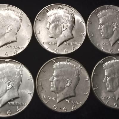 SIX 1964 KENNEDY SILVER HALF DOLLARS