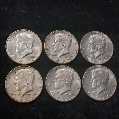 SIX 1964 KENNEDY SILVER HALF DOLLARS