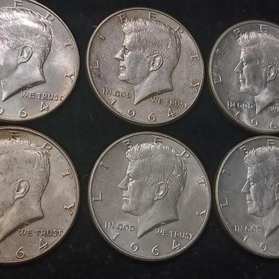 SIX 1964 KENNEDY SILVER HALF DOLLARS