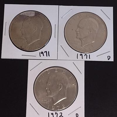 Set of Three Eisenhower Silver Dollars 1971, 1971-D and 1972-D Circulated (10)