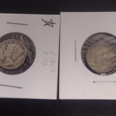 Pair of Mercury Silver Dimes 1938 and 1942 Circulated (20)