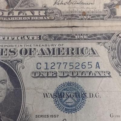 Set of Three Silver Certificate U.S. One Dollar Bills Paper Currency 1957B, 1957 Circulated Condition (24)