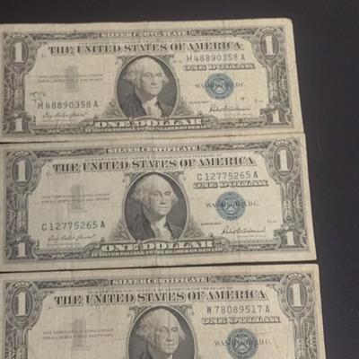 Set of Three Silver Certificate U.S. One Dollar Bills Paper Currency 1957B, 1957 Circulated Condition (24)