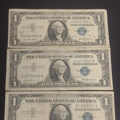 Set of Three Silver Certificate U.S. One Dollar Bills Paper Currency 1957B, 1957 Circulated Condition (24)