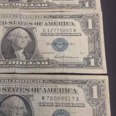 Set of Three Silver Certificate U.S. One Dollar Bills Paper Currency 1957B, 1957 Circulated Condition (24)