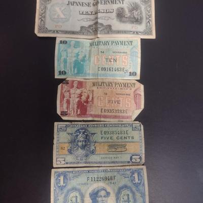 Set of Five U.S. and Foreign Military Payment Paper Currency and Other Circulated Condition (147)