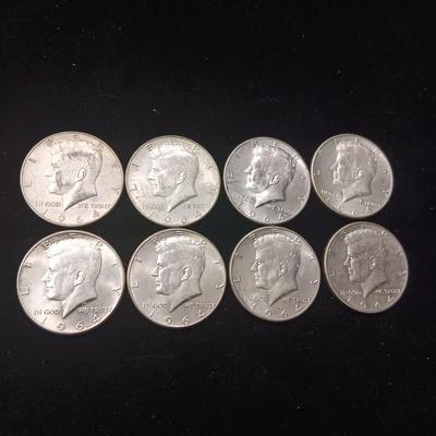 EIGHT 1964 KENNEDY SILVER HALF DOLLARS