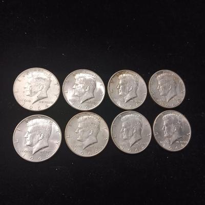 EIGHT 1964 KENNEDY SILVER HALF DOLLARS