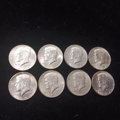 EIGHT 1964 KENNEDY SILVER HALF DOLLARS