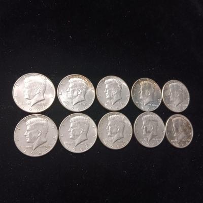TEN 1964 KENNEDY SILVER HALF DOLLARS