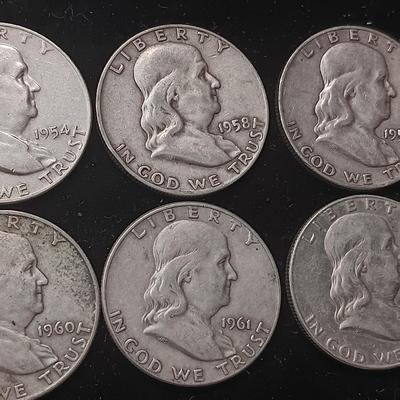 6 FRANKLIN SILVER HALF DOLLARS