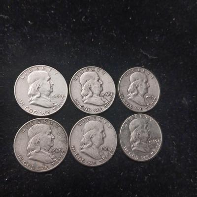 6 FRANKLIN SILVER HALF DOLLARS