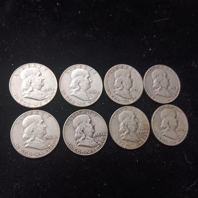 8 FRANKLIN SILVER HALF DOLLARS