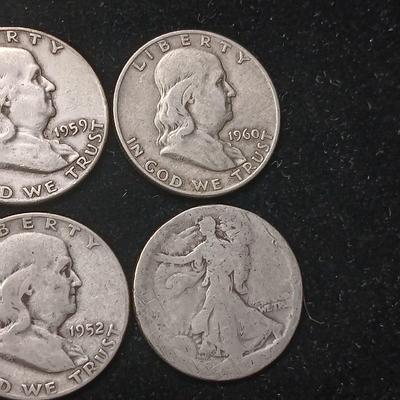 5 FRANKLIN SILVER HALF DOLLARS AND 1 WALKING LIBERTY HALF DOLLAR