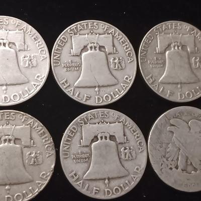 5 FRANKLIN SILVER HALF DOLLARS AND 1 WALKING LIBERTY HALF DOLLAR