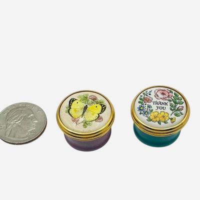 Decor- Halcyon Days - Pair of Miniature Screw on lids Butterfly & Thank You