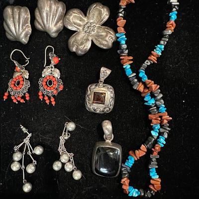 Jewelry Sterling Lot w/ Earrings and turquoise cap necklace.