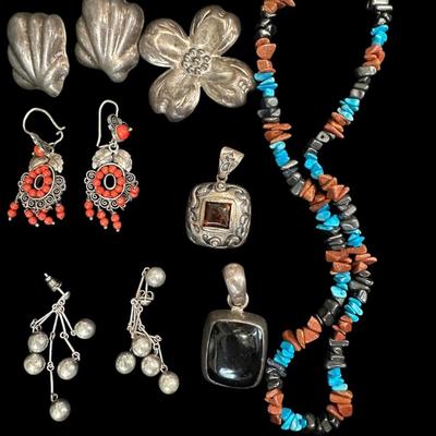 Jewelry Sterling Lot w/ Earrings and turquoise cap necklace.