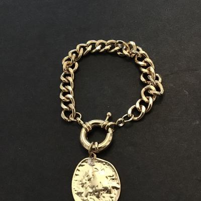 Vintage Roman coin, gold tone chunky bracelet